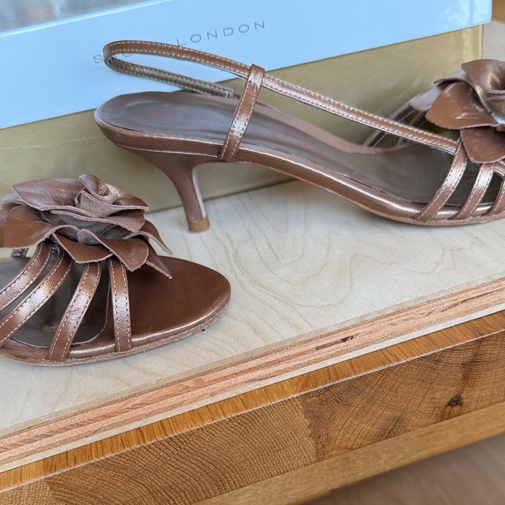 Sacha London Bronze Strappy Heels with Rose Detail - Picture 16 of 16